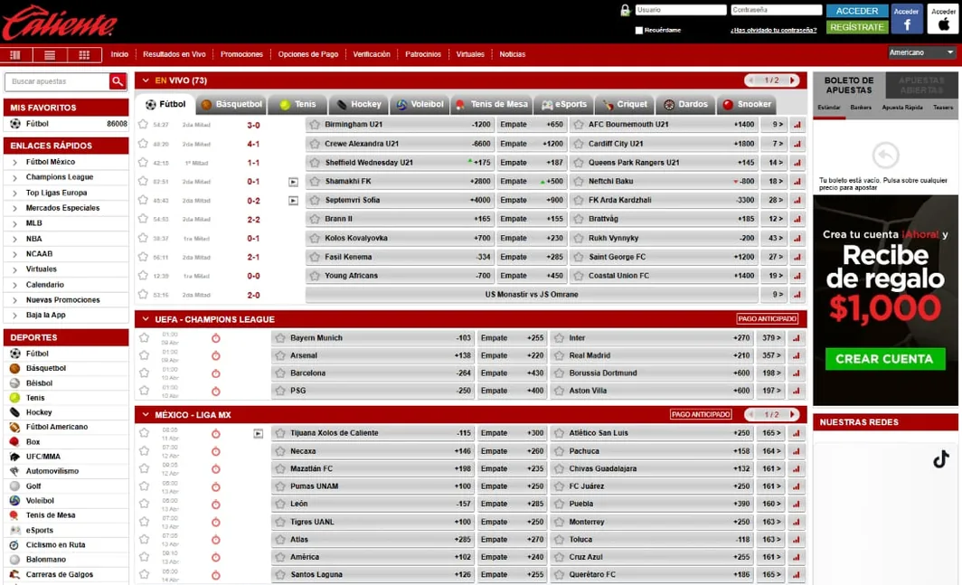 Interfaz de apuestas deportivas en vivo con marcadores, cuotas y múltiples deportes.