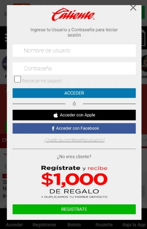 Ventana emergente para iniciar sesión o registrarse en Caliente con opción de bono