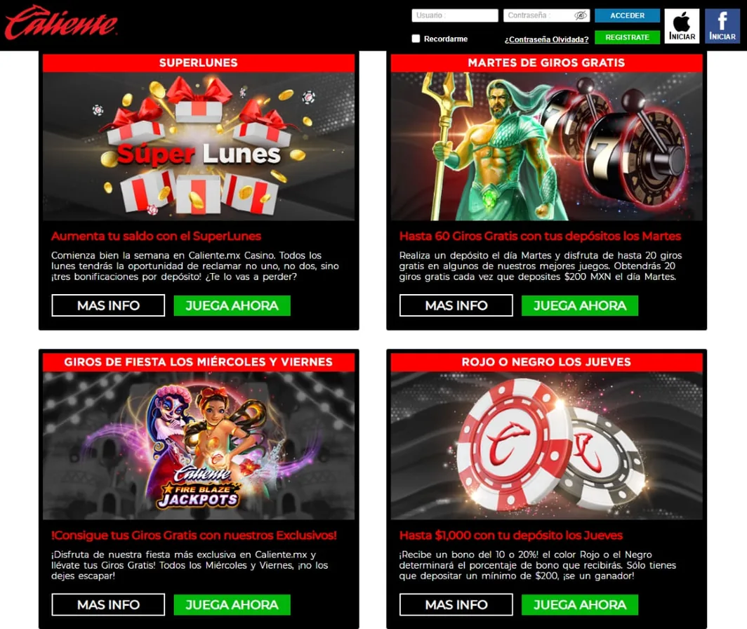 Cuatro promociones semanales destacadas con bonos, giros gratis y chips de casino