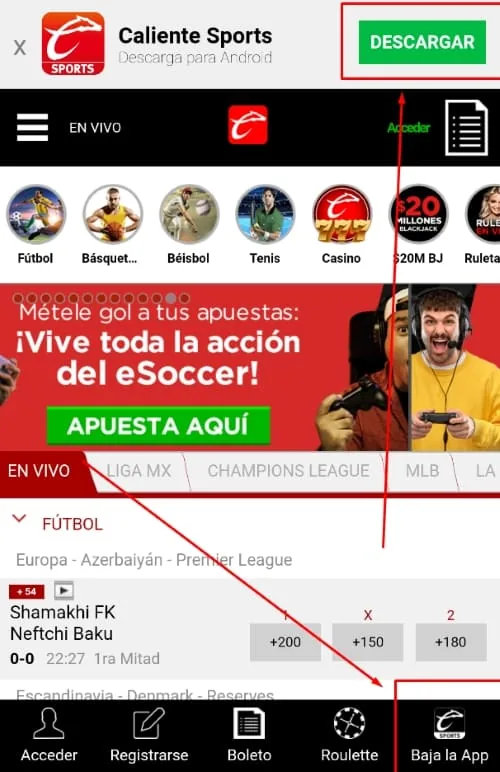 Página de apuestas deportivas con botón de descarga y flechas hacia la app y cuotas