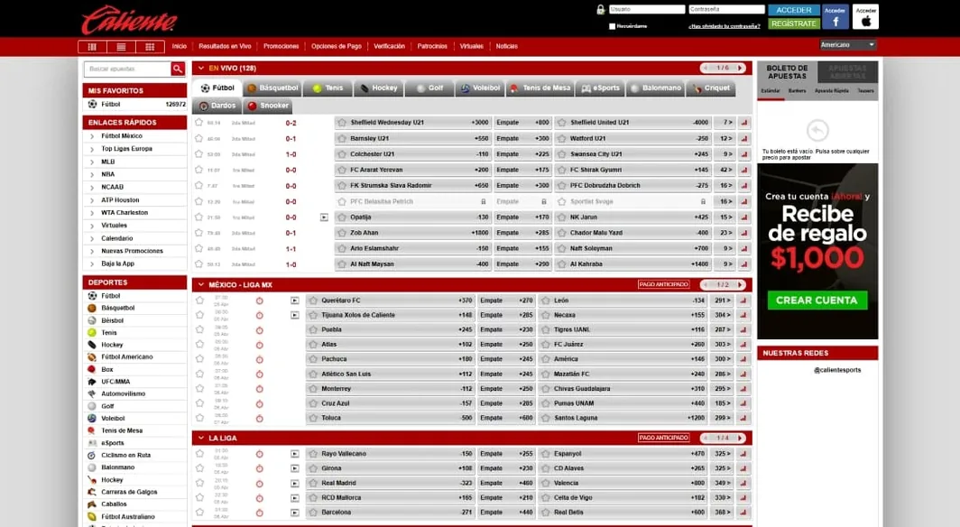 Interfaz de apuestas deportivas en vivo con marcadores, cuotas y ligas destacadas.